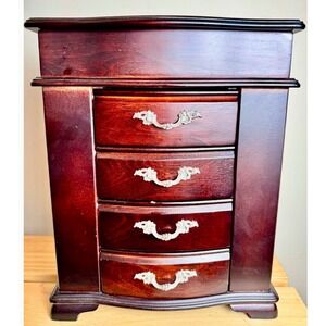 Vintage Mahogany Wood Jewelry Armoire Box Tabletop Dresser Chest Side Doors